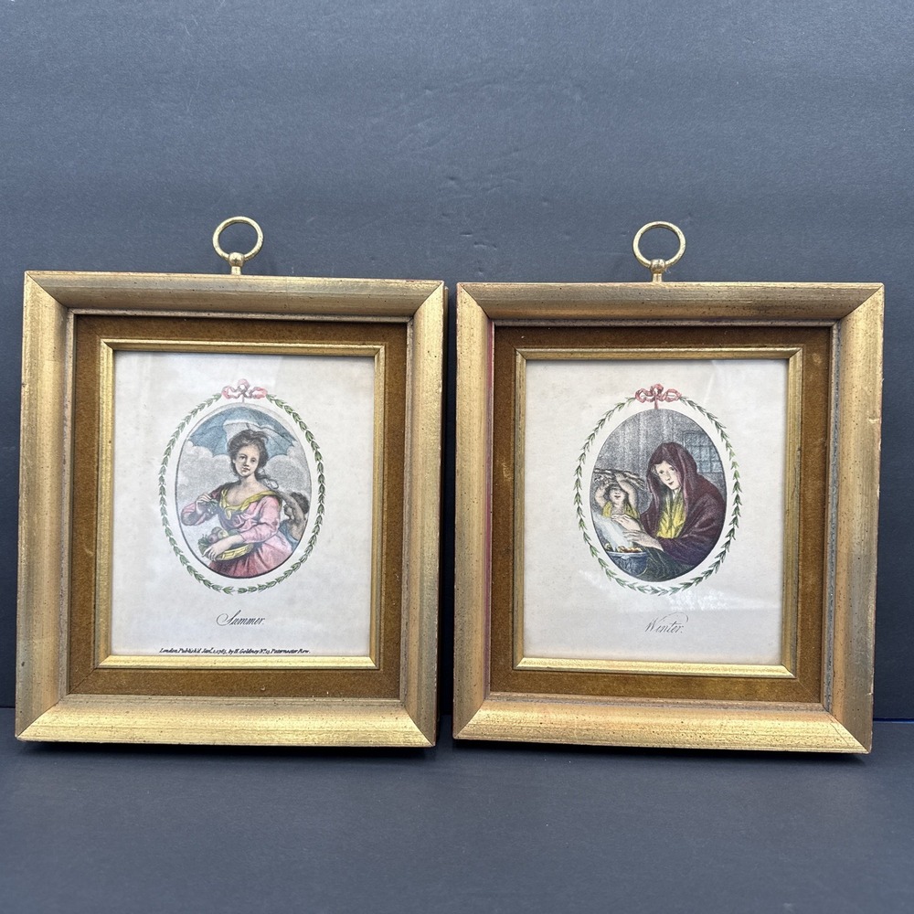 Vintage Pair Framed "Summer & Winter" English Style Prints Gold‎ Frames Pictures